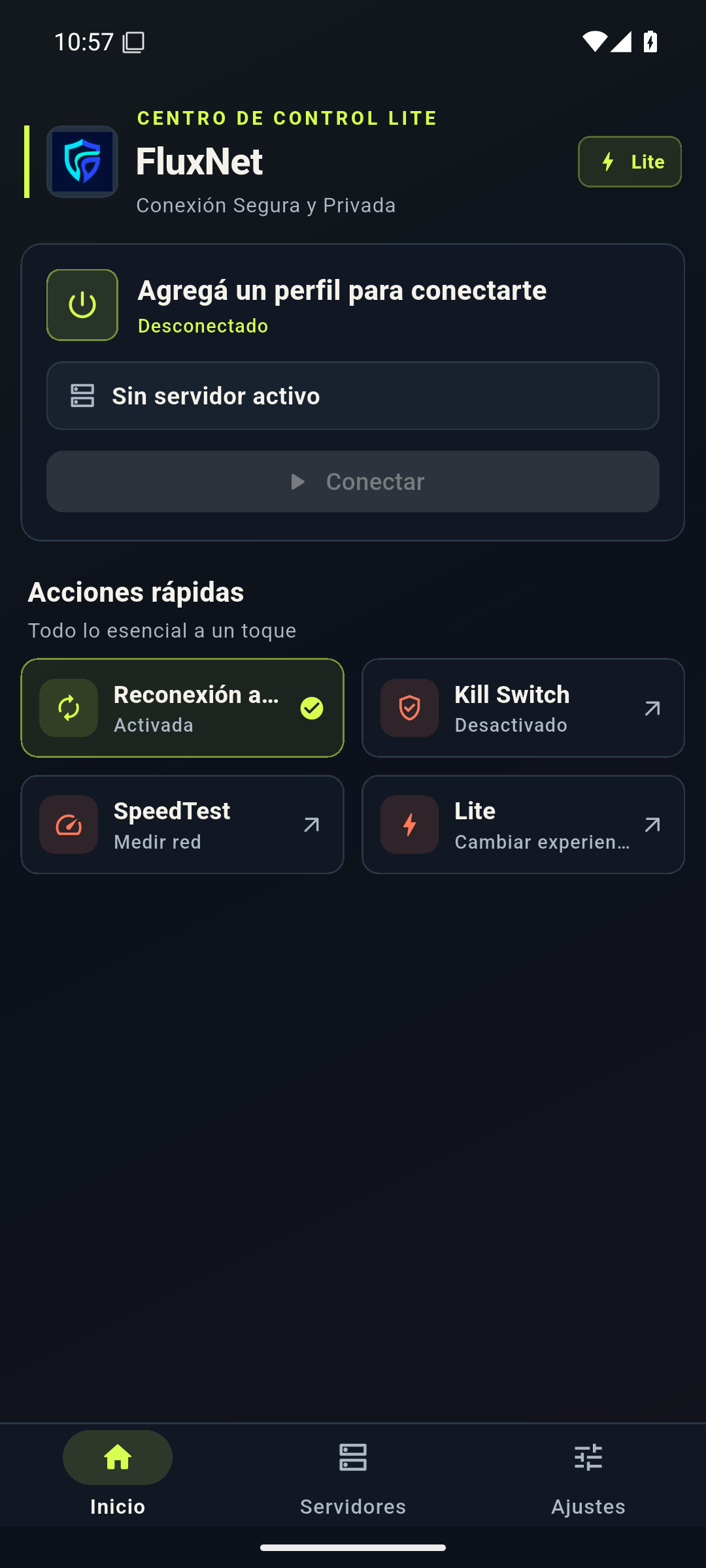 Interfaz Android de FluxNet 4.9.6: inicio en modo Lite, sin perfil ni servidor activo.