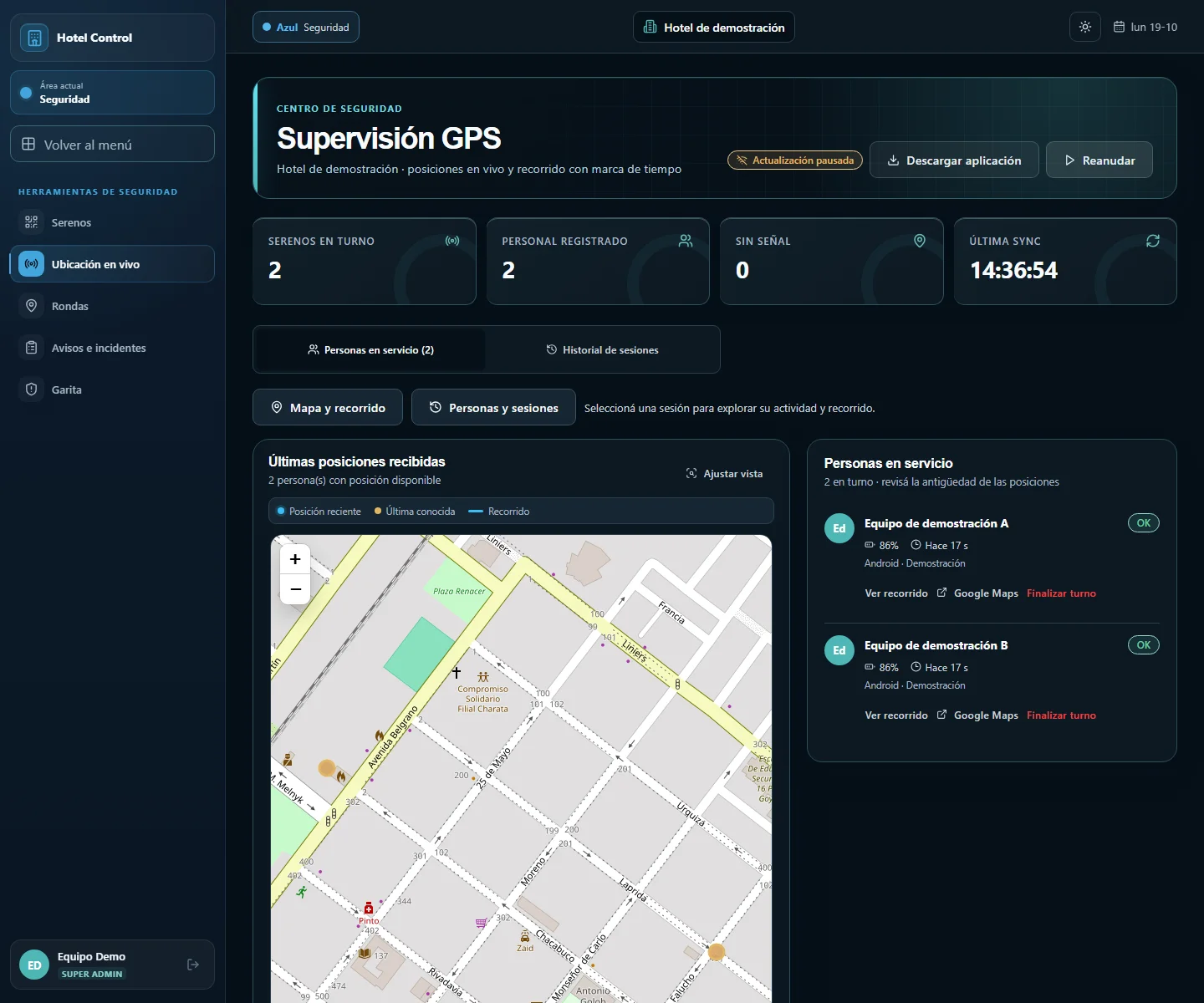 Supervisión GPS de Vigía, con datos de demostración.